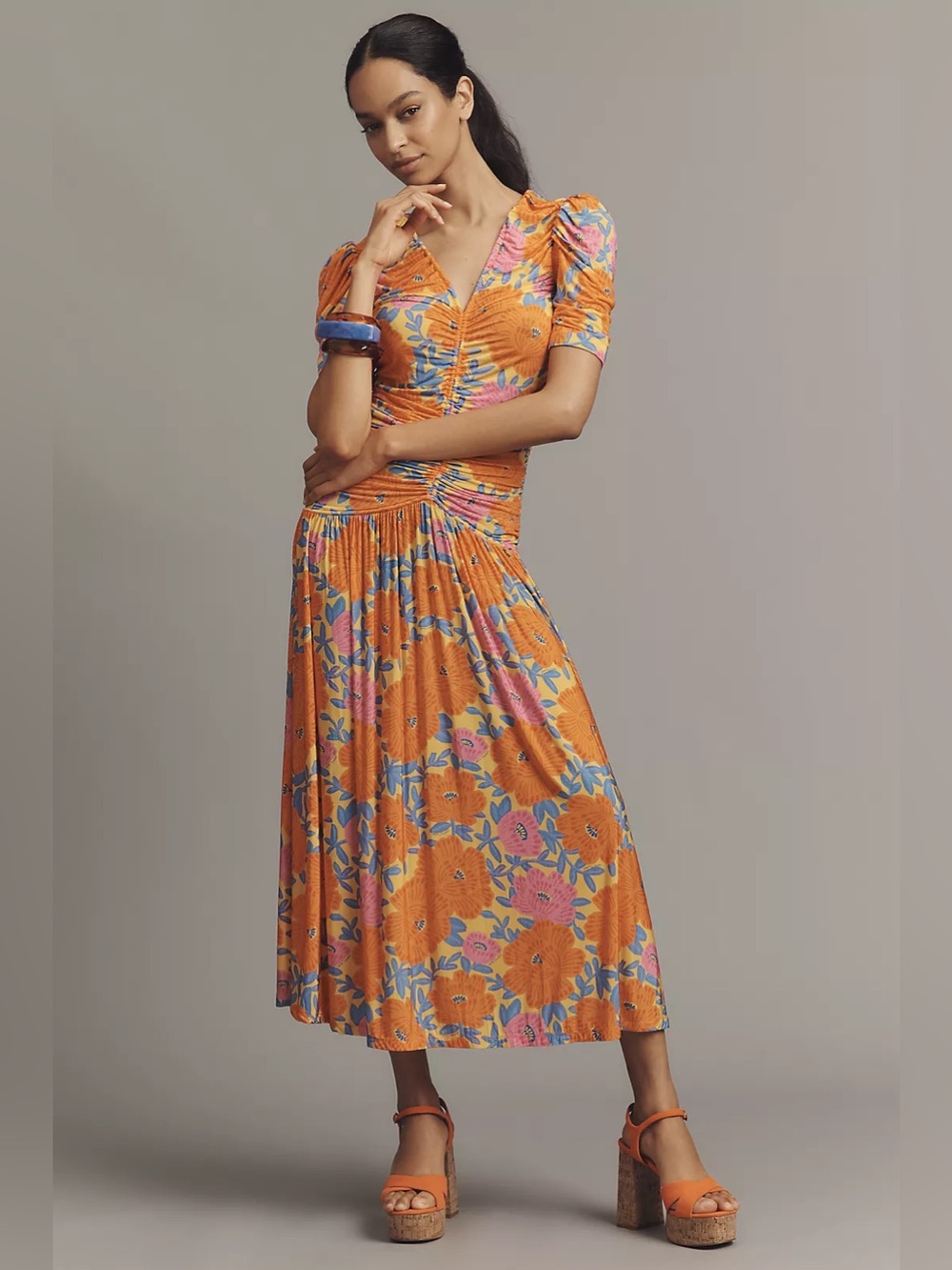 Farm Rio x Anthropologie Short-Sleeve V-Neck  Orange Floral Midi Dress Sz M NWT!